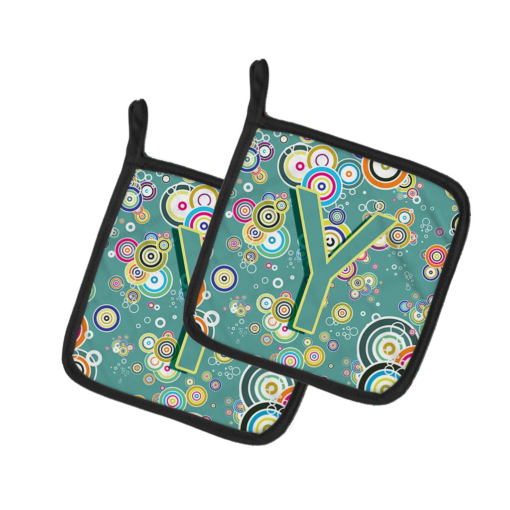 Letter Y Circle Circle Teal Initial Alphabet Pot Holder Set of 2 Heat Resistant Quilted Hot Pads 7.5 x 7.5 Inch, Insulated Kitchen Trivets for Cooking & Baking