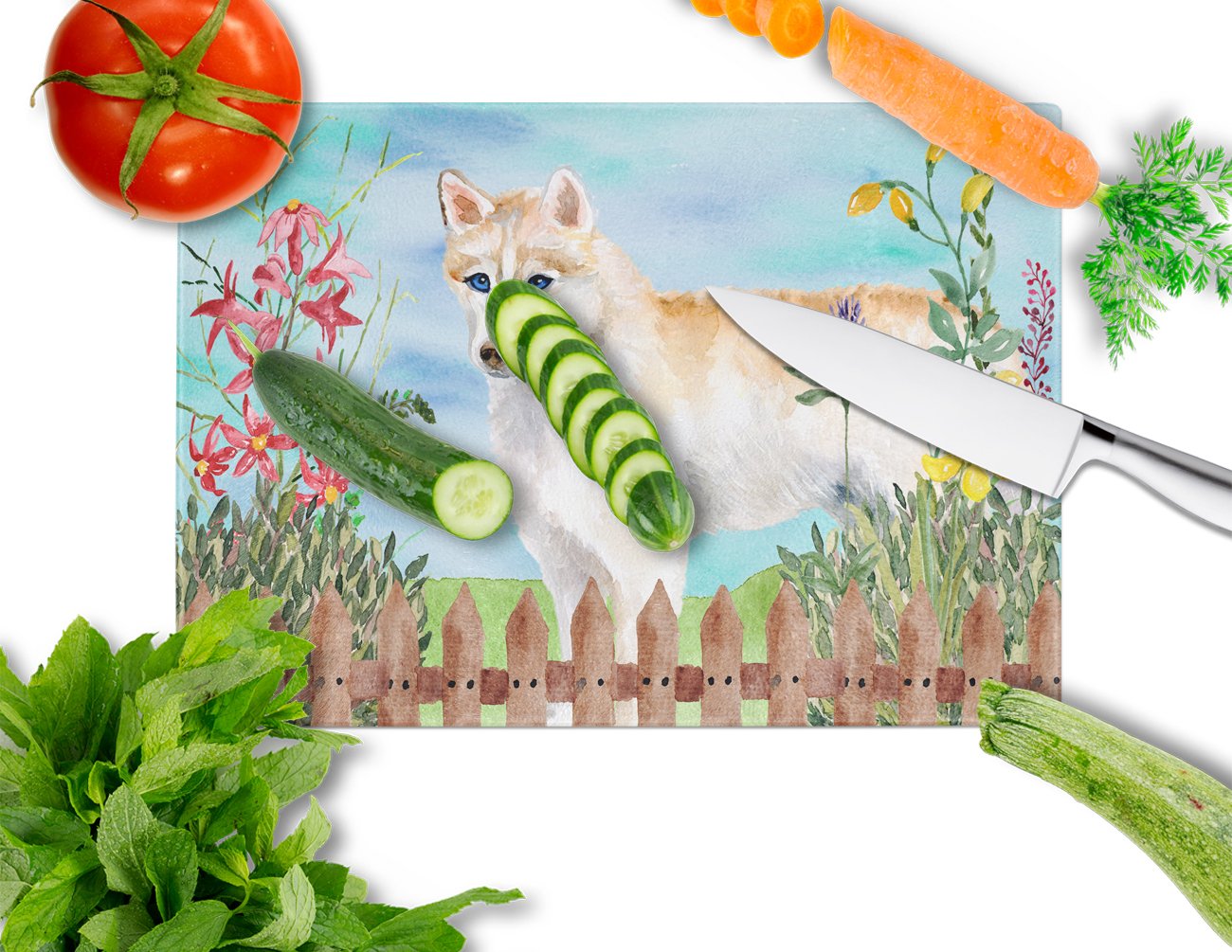 Siberian Husky Spring Cutting Board Tempered Glass Kitchen Cutting Surface, Heat Resistant Chopping, Non-Slip Feet, Food Prep & Serving