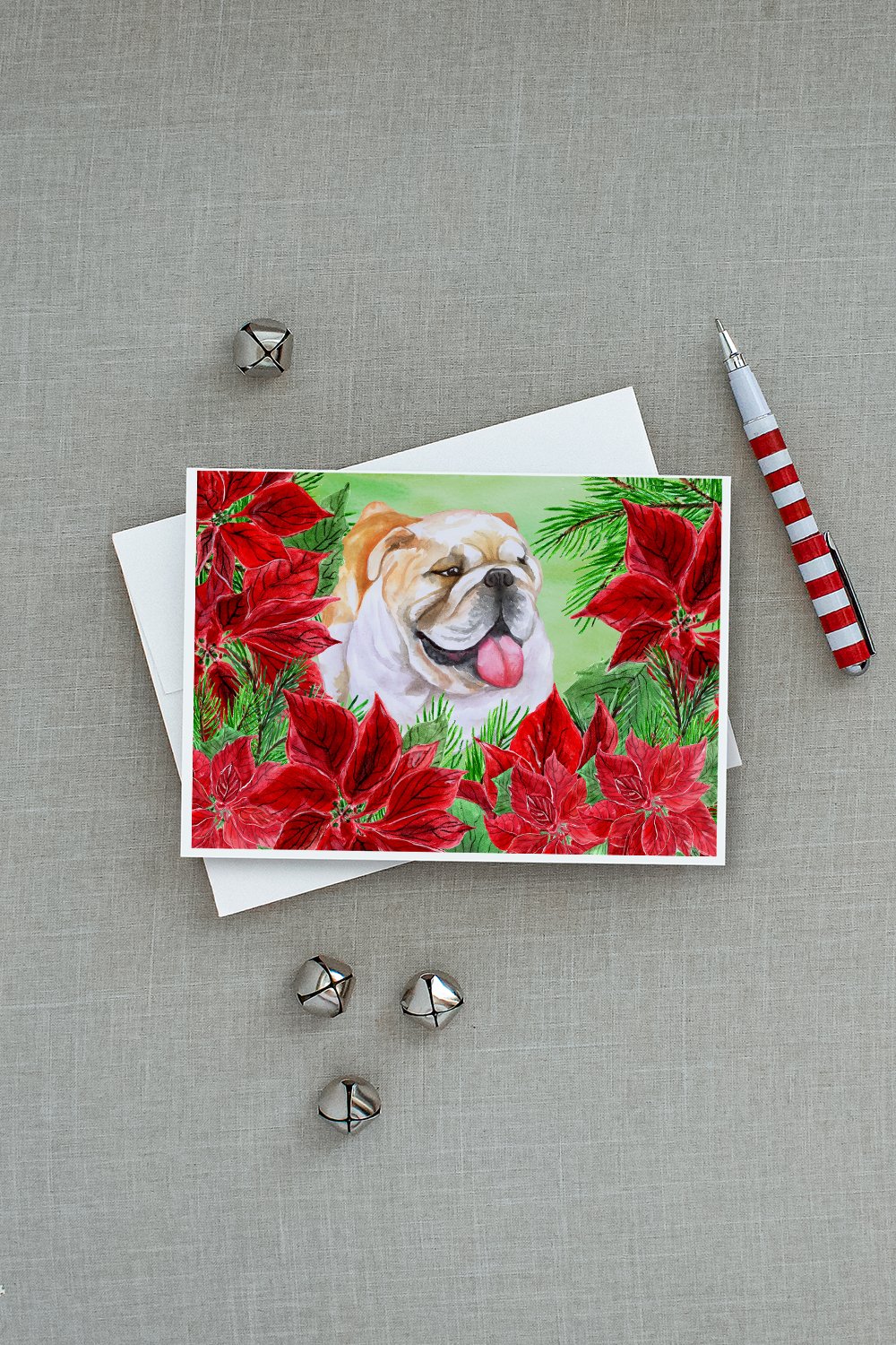 English Bulldog Poinsettas Greeting Cards Pack of 8 Blank Cards with Envelopes Whimsical A7 Size 5x7