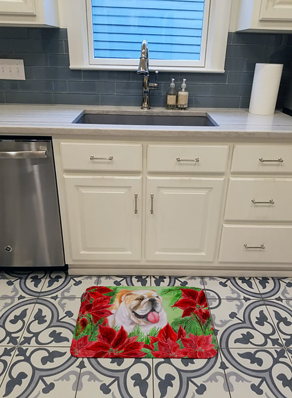 English Bulldog Poinsettas Memory Foam Kitchen Mat Machine Washable Anti-Fatigue Cushion Comfort Bath or Kitchen Rug