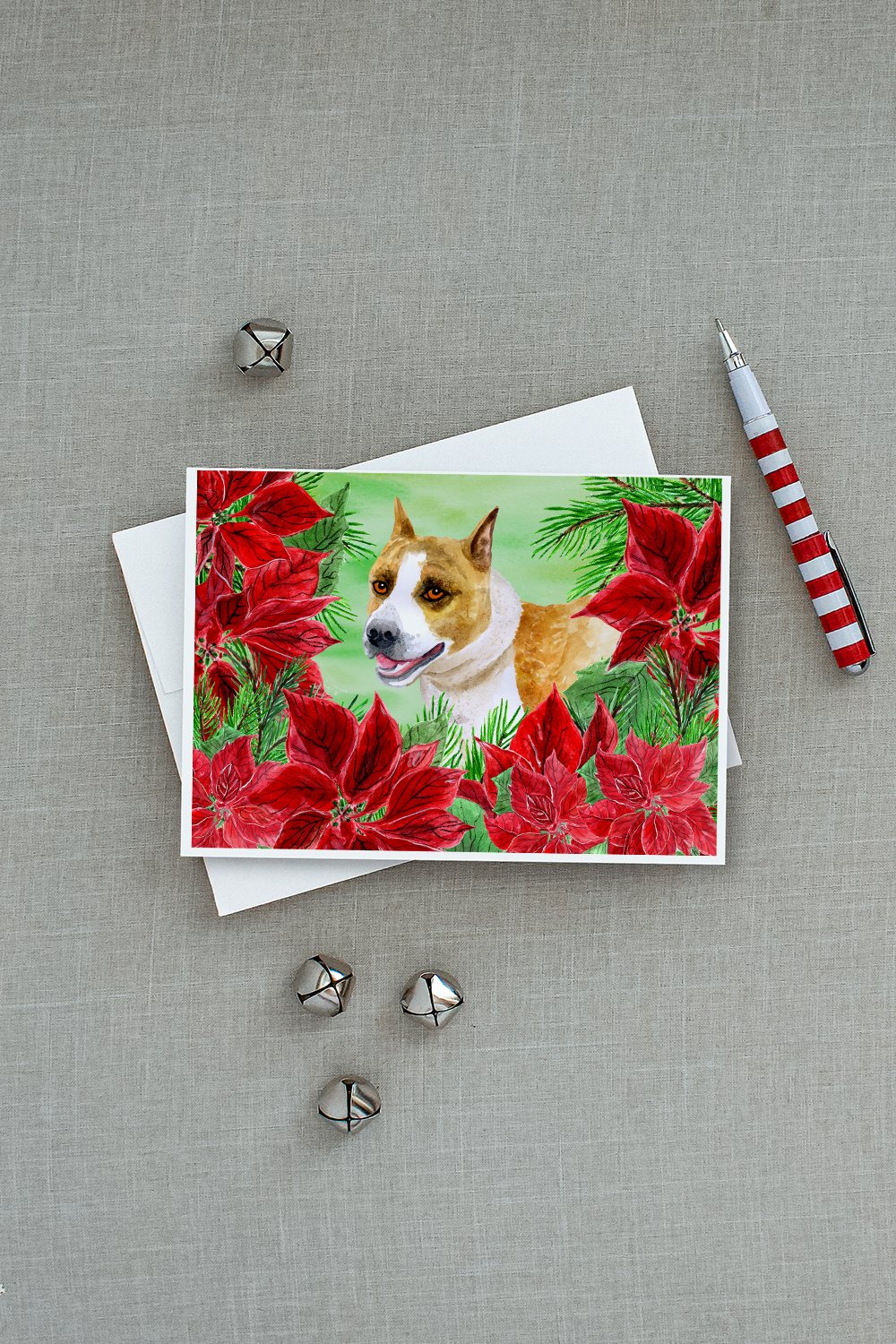 American Staffordshire Poinsettas Greeting Cards Pack of 8 Blank Cards with Envelopes Whimsical A7 Size 5x7
