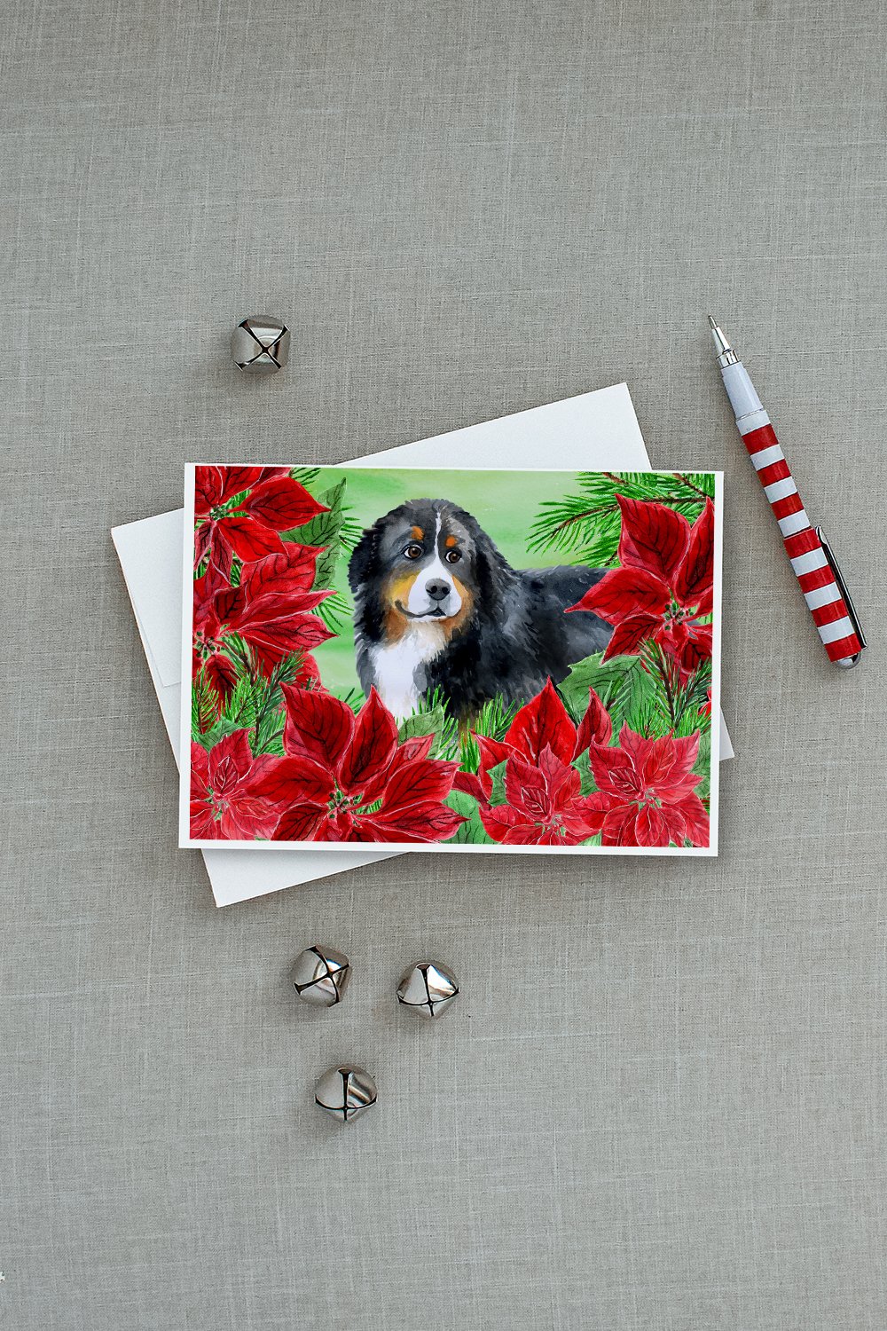 Bernese Mountain Dog Poinsettas Greeting Cards Pack of 8 Blank Cards with Envelopes Whimsical A7 Size 5x7