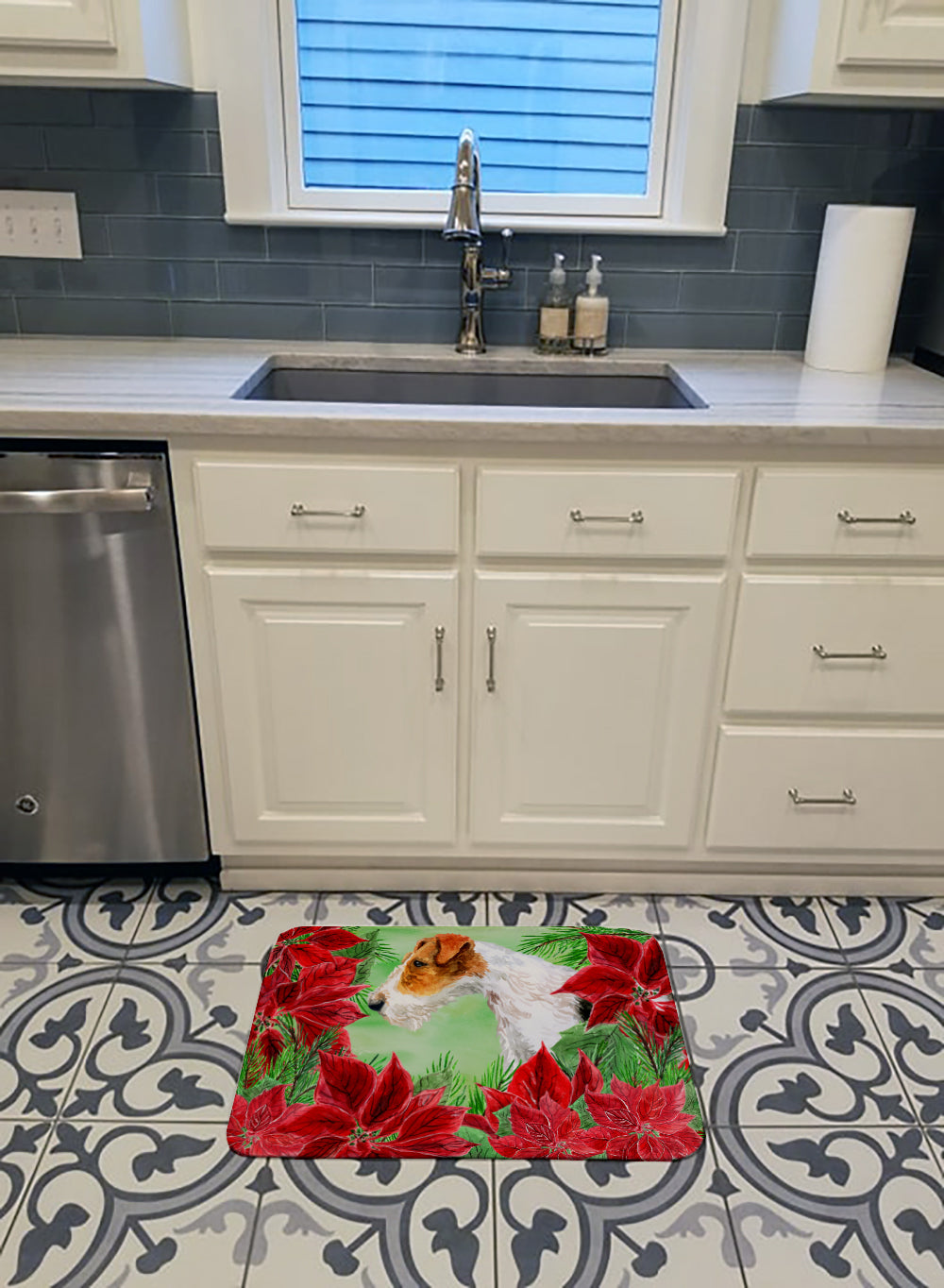 Fox Terrier Poinsettas Memory Foam Kitchen Mat Machine Washable Anti-Fatigue Cushion Comfort Bath or Kitchen Rug