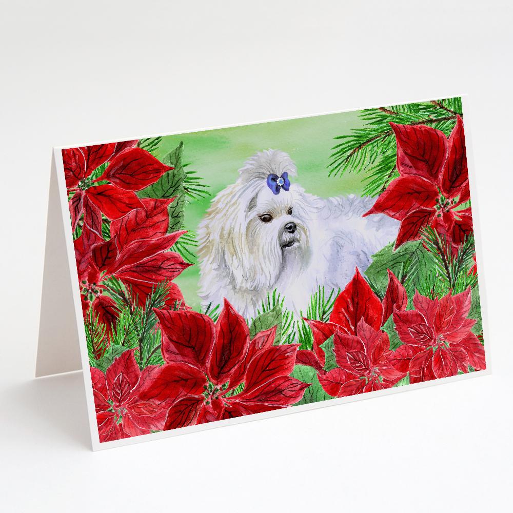Maltese Poinsettas Greeting Cards Pack of 8 Blank Cards with Envelopes Whimsical A7 Size 5x7