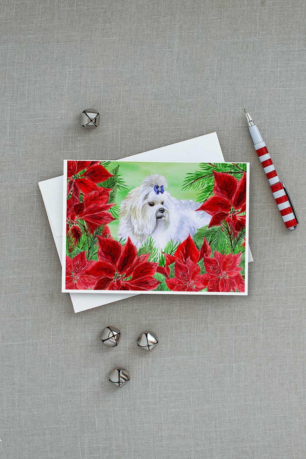 Maltese Poinsettas Greeting Cards Pack of 8 Blank Cards with Envelopes Whimsical A7 Size 5x7
