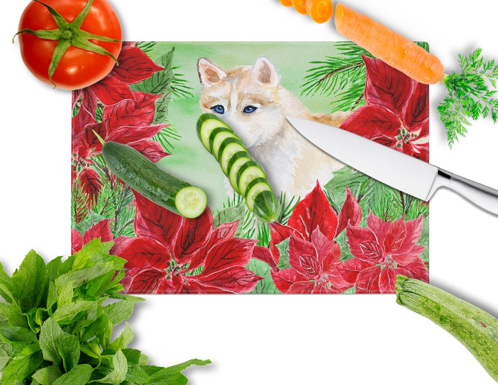 Siberian Husky Poinsettas Cutting Board Tempered Glass Kitchen Cutting Surface, Heat Resistant Chopping, Non-Slip Feet, Food Prep & Serving