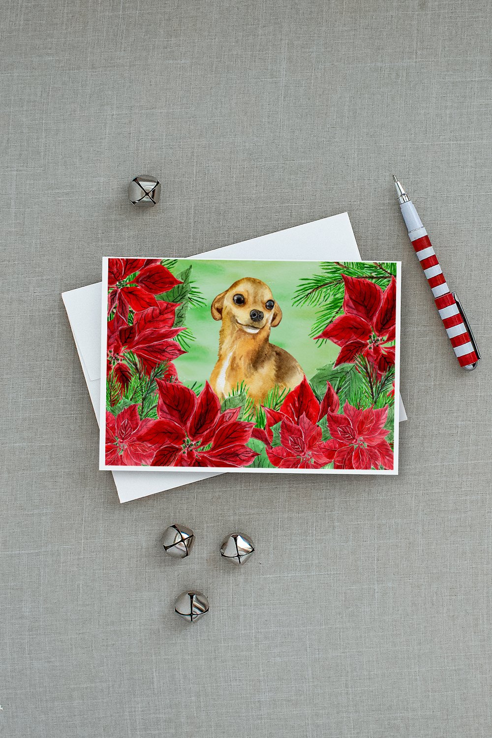 Chihuahua Poinsettas Greeting Cards Pack of 8 Blank Cards with Envelopes Whimsical A7 Size 5x7