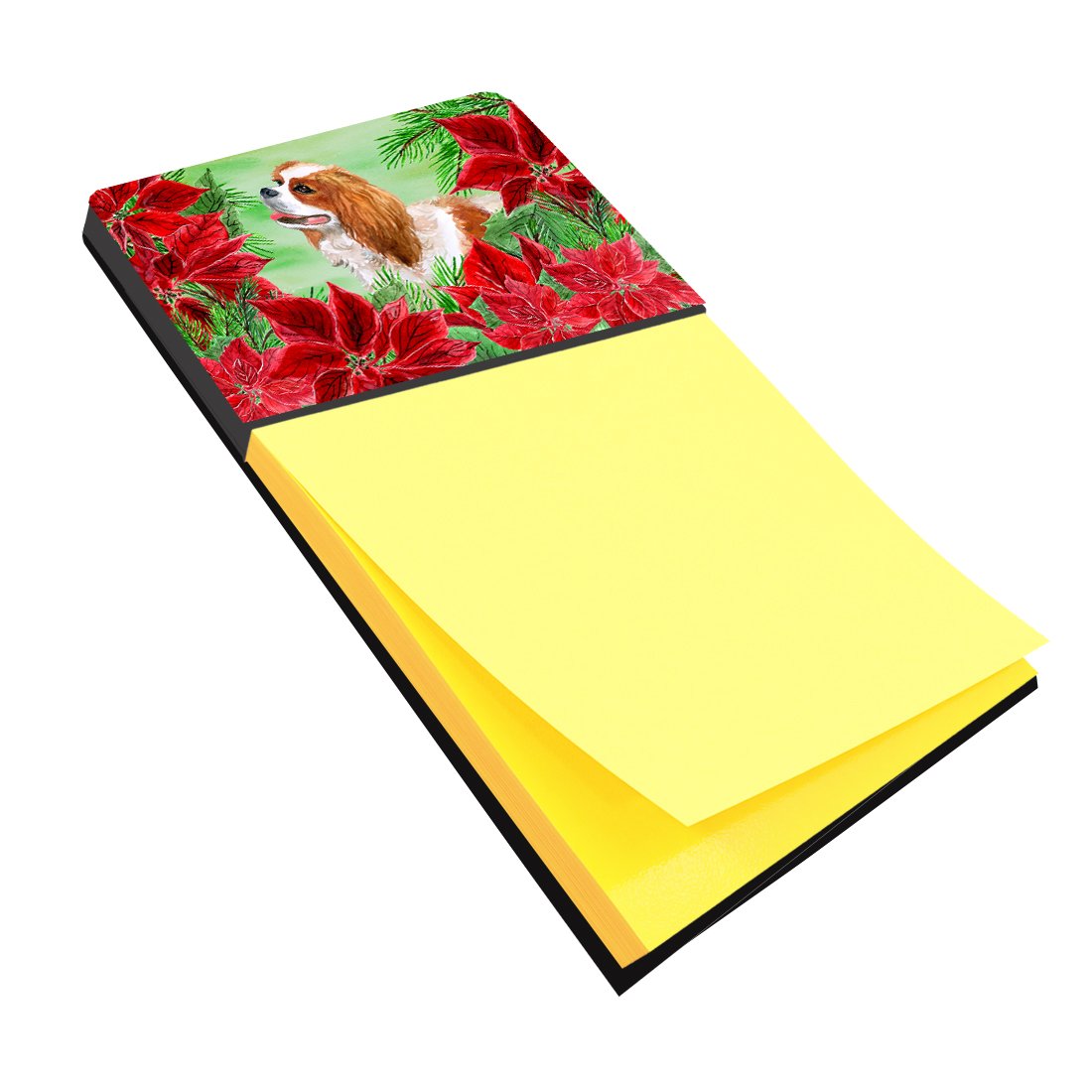 Cavalier Spaniel Poinsettas Watercolor Sticky Note Holder Refillable Dispenser Desk Accessory 3x3 Pad Gift