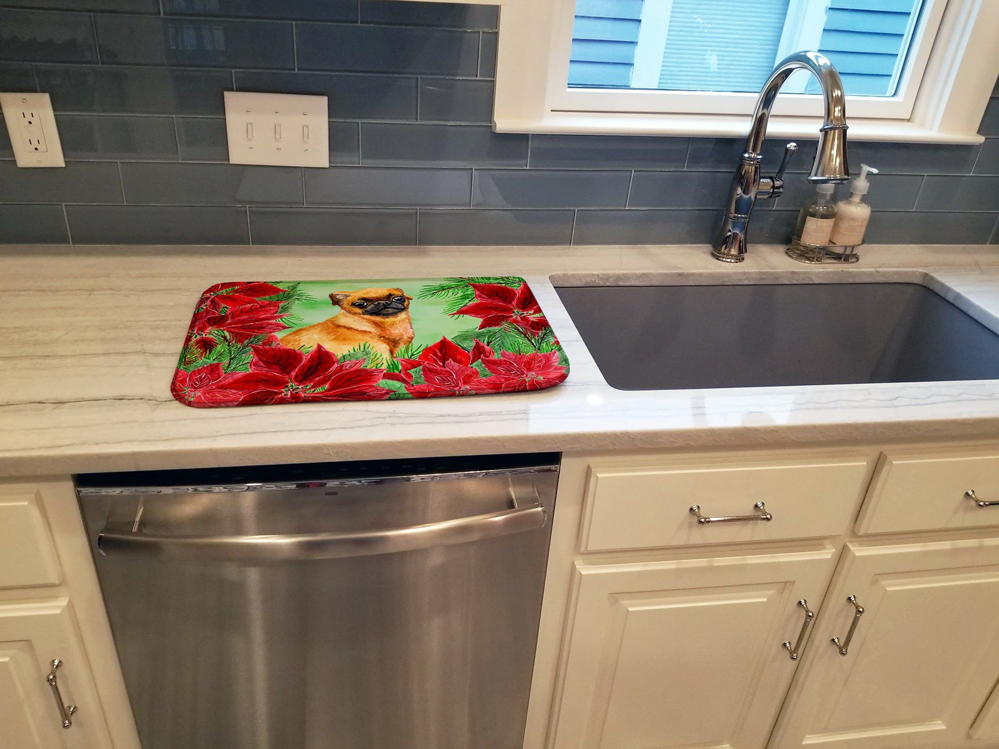 Small Brabant Griffon Poinsettas Dish Drying Mat Absorbent Dish Drying Mat Pad for Kitchen Counter Dish Drainer Mat for Countertop, 14 x 21", Multicolor