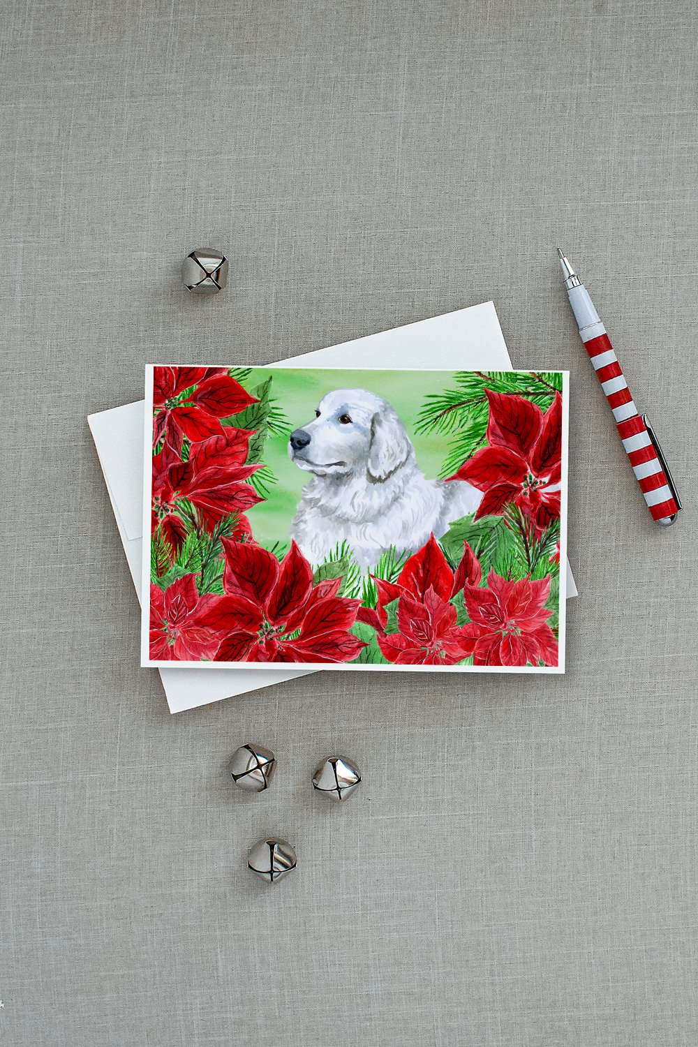 Maremma Sheepdog Poinsettas Greeting Cards Pack of 8 Blank Cards with Envelopes Whimsical A7 Size 5x7