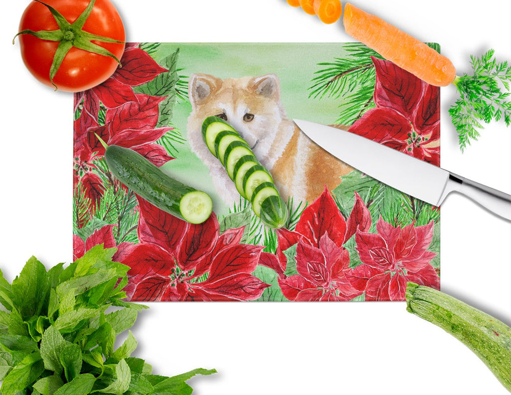 Shiba Inu Poinsettas Cutting Board Tempered Glass Kitchen Cutting Surface, Heat Resistant Chopping, Non-Slip Feet, Food Prep & Serving