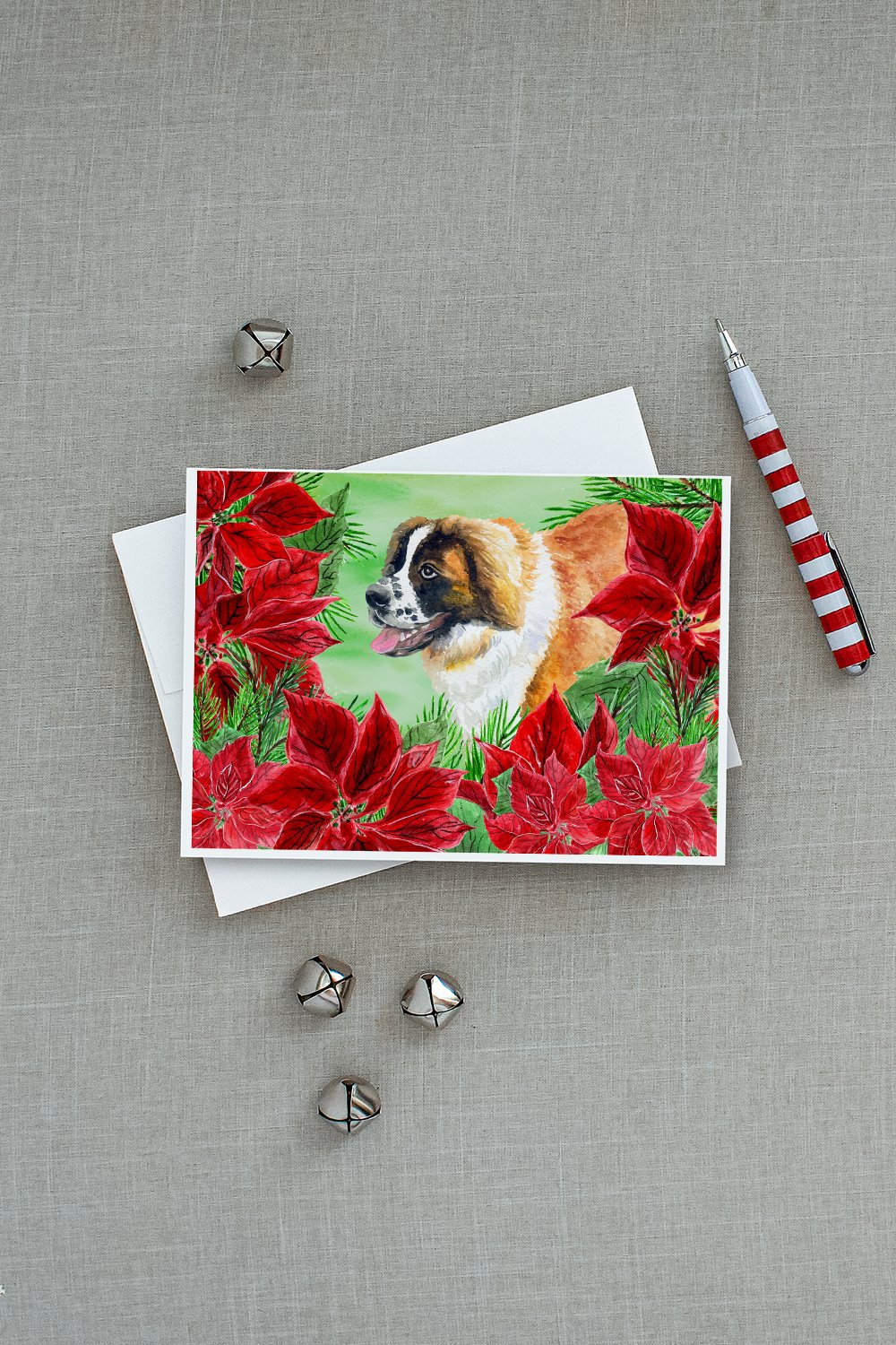 Saint Bernard Poinsettas Greeting Cards Pack of 8 Blank Cards with Envelopes Whimsical A7 Size 5x7