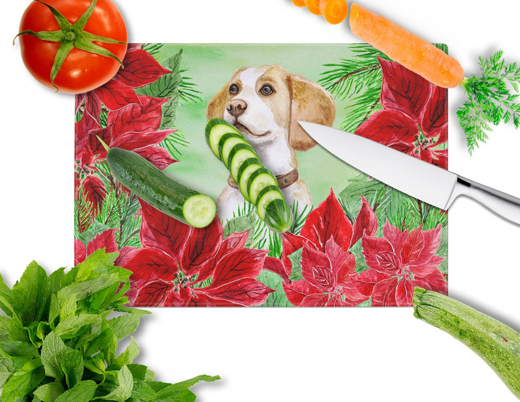 Beagle Poinsettas Cutting Board Tempered Glass Kitchen Cutting Surface, Heat Resistant Chopping, Non-Slip Feet, Food Prep & Serving