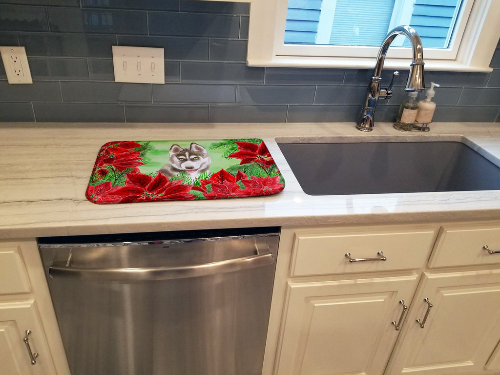 Siberian Husky Grey Poinsettas Dish Drying Mat Absorbent Dish Drying Mat Pad for Kitchen Counter Dish Drainer Mat for Countertop, 14 x 21", Multicolor