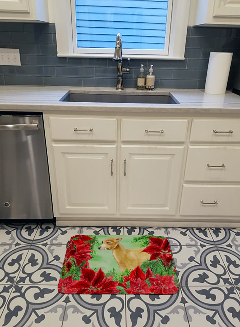 Italian Greyhound Poinsettas Memory Foam Kitchen Mat Machine Washable Anti-Fatigue Cushion Comfort Bath or Kitchen Rug