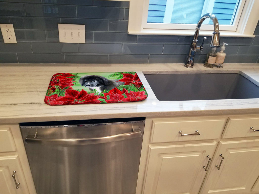 Newfoundland Puppy Poinsettas Dish Drying Mat Absorbent Dish Drying Mat Pad for Kitchen Counter Dish Drainer Mat for Countertop, 14 x 21", Multicolor