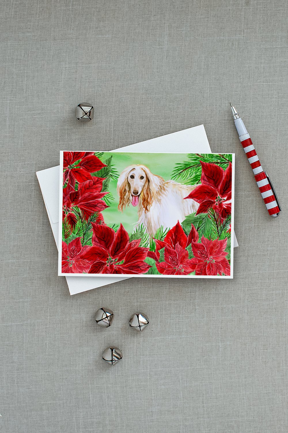 Afghan Hound Poinsettas Greeting Cards Pack of 8 Blank Cards with Envelopes Whimsical A7 Size 5x7