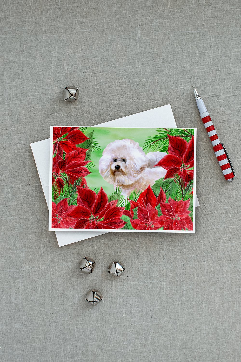 Bichon Frise #2 Poinsettas Greeting Cards Pack of 8 Blank Cards with Envelopes Whimsical A7 Size 5x7