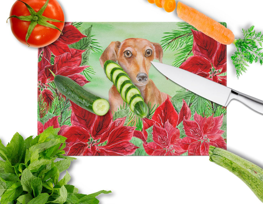Red Dachshund Poinsettas Cutting Board Tempered Glass Kitchen Cutting Surface, Heat Resistant Chopping, Non-Slip Feet, Food Prep & Serving