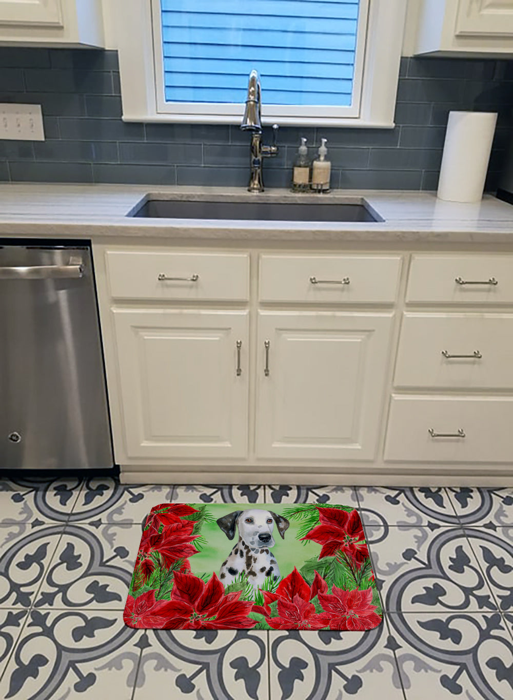 Dalmatian Puppy Poinsettas Memory Foam Kitchen Mat Machine Washable Anti-Fatigue Cushion Comfort Bath or Kitchen Rug