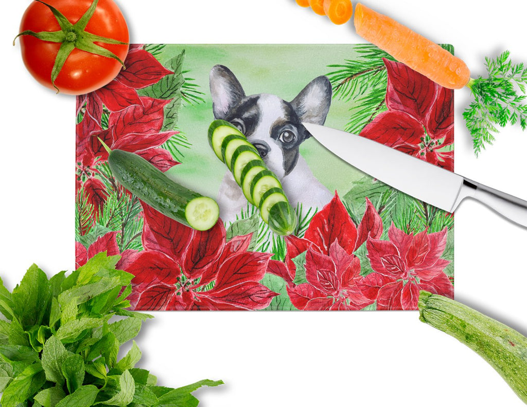 French Bulldog Black White Poinsettas Cutting Board Tempered Glass Kitchen Cutting Surface, Heat Resistant Chopping, Non-Slip Feet, Food Prep & Serving