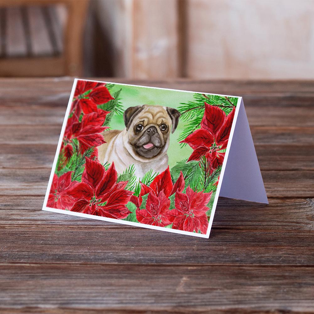 Fawn Pug Poinsettas Greeting Cards Pack of 8 Blank Cards with Envelopes Whimsical A7 Size 5x7