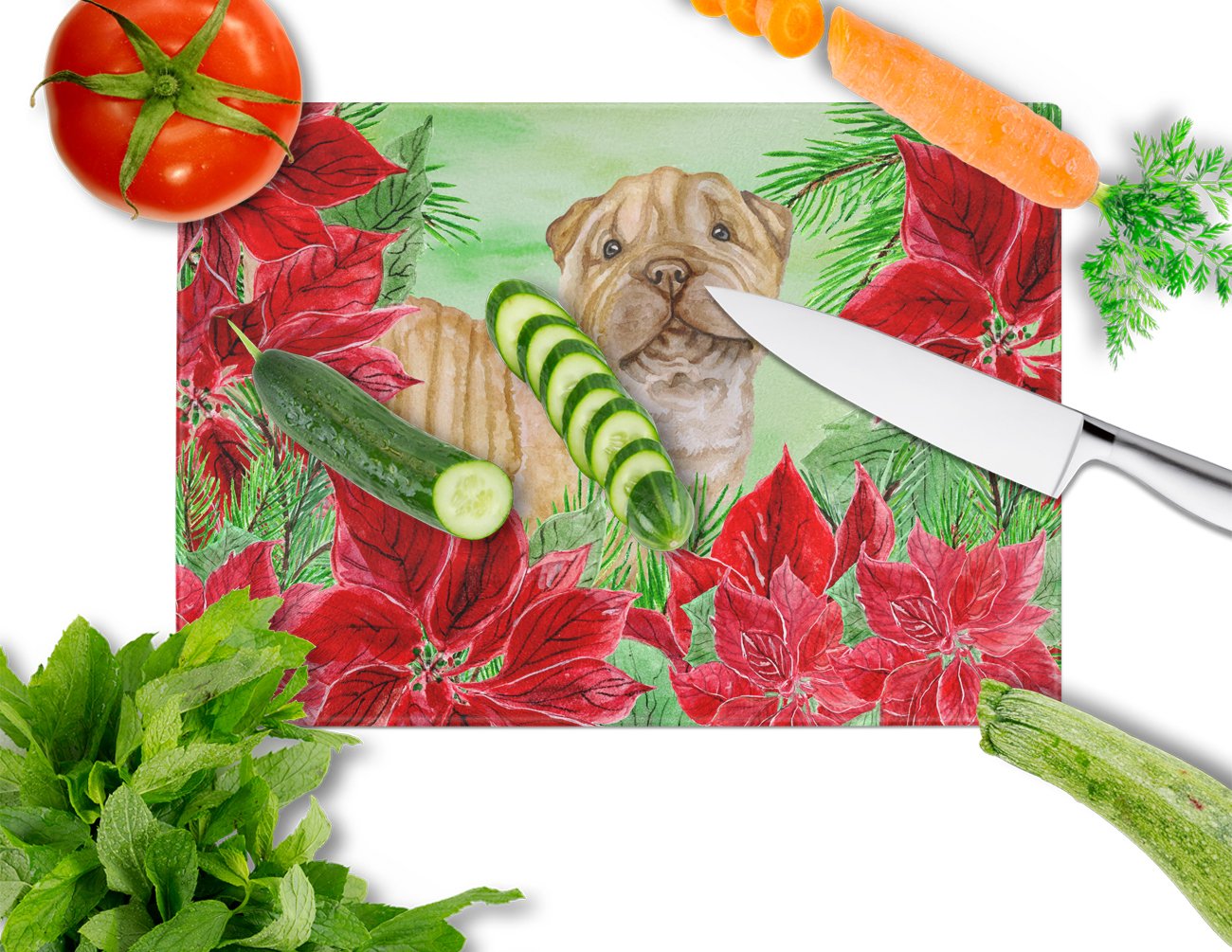 Shar Pei Puppy Poinsettas Cutting Board Tempered Glass Kitchen Cutting Surface, Heat Resistant Chopping, Non-Slip Feet, Food Prep & Serving