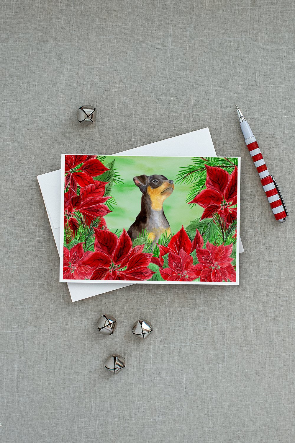 Miniature Pinscher #2 Poinsettas Greeting Cards Pack of 8 Blank Cards with Envelopes Whimsical A7 Size 5x7