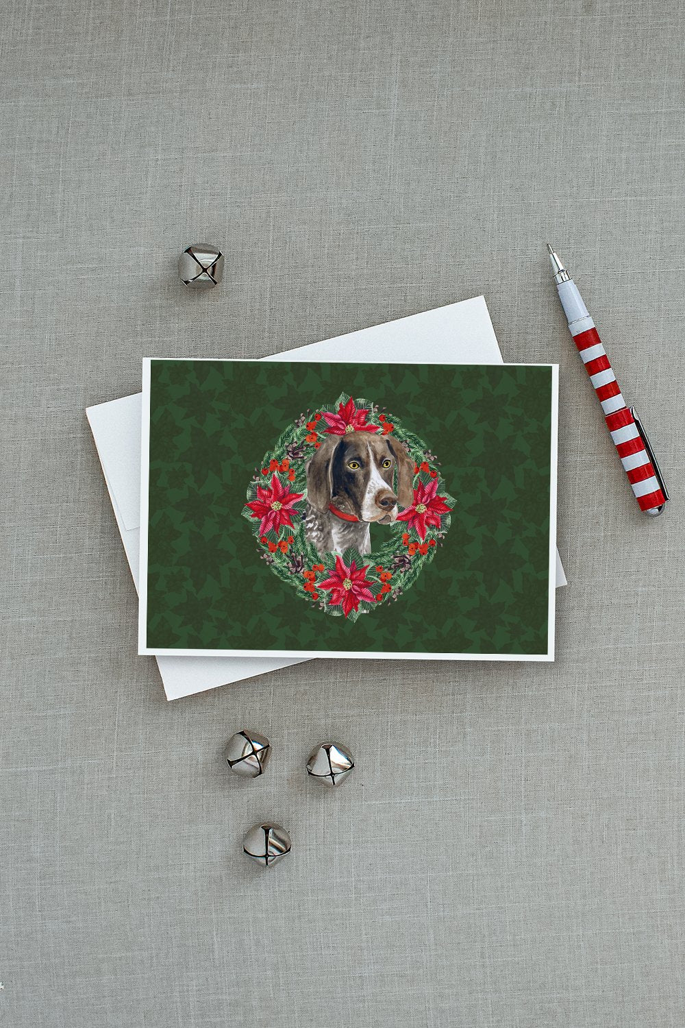 German Shorthaired Pointer Poinsetta Wreath Greeting Cards Pack of 8 Blank Cards with Envelopes Whimsical A7 Size 5x7