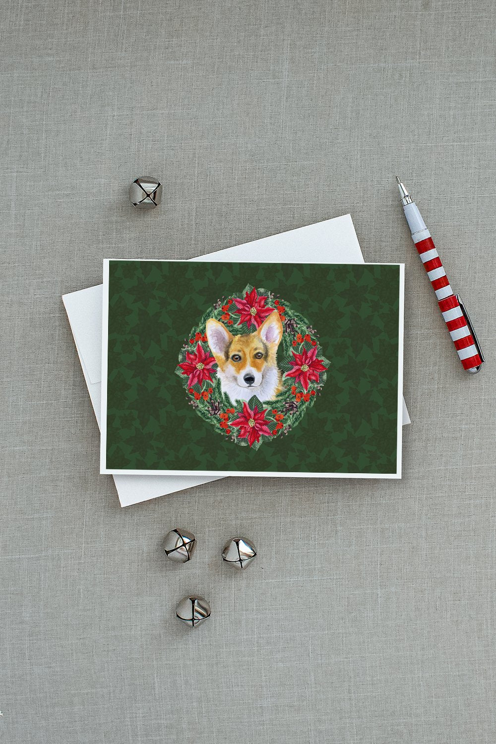 Pembroke Corgi Poinsetta Wreath Greeting Cards Pack of 8 Blank Cards with Envelopes Whimsical A7 Size 5x7