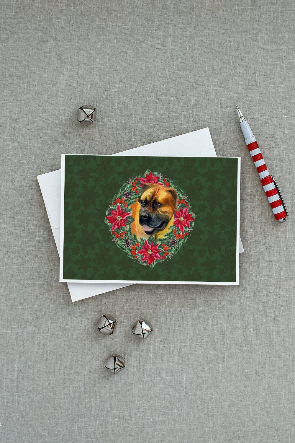 Boerboel Mastiff Poinsetta Wreath Greeting Cards Pack of 8 Blank Cards with Envelopes Whimsical A7 Size 5x7