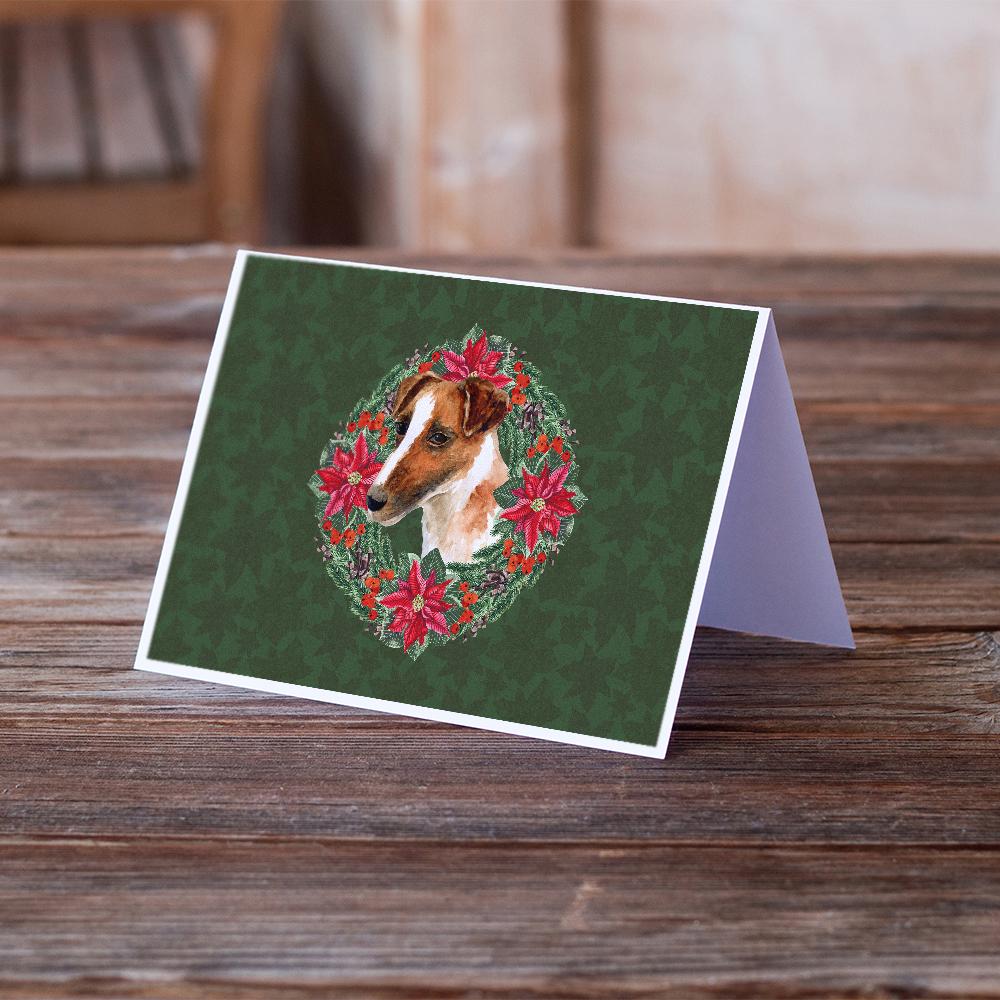 Smooth Fox Terrier Poinsetta Wreath Greeting Cards Pack of 8 Blank Cards with Envelopes Whimsical A7 Size 5x7