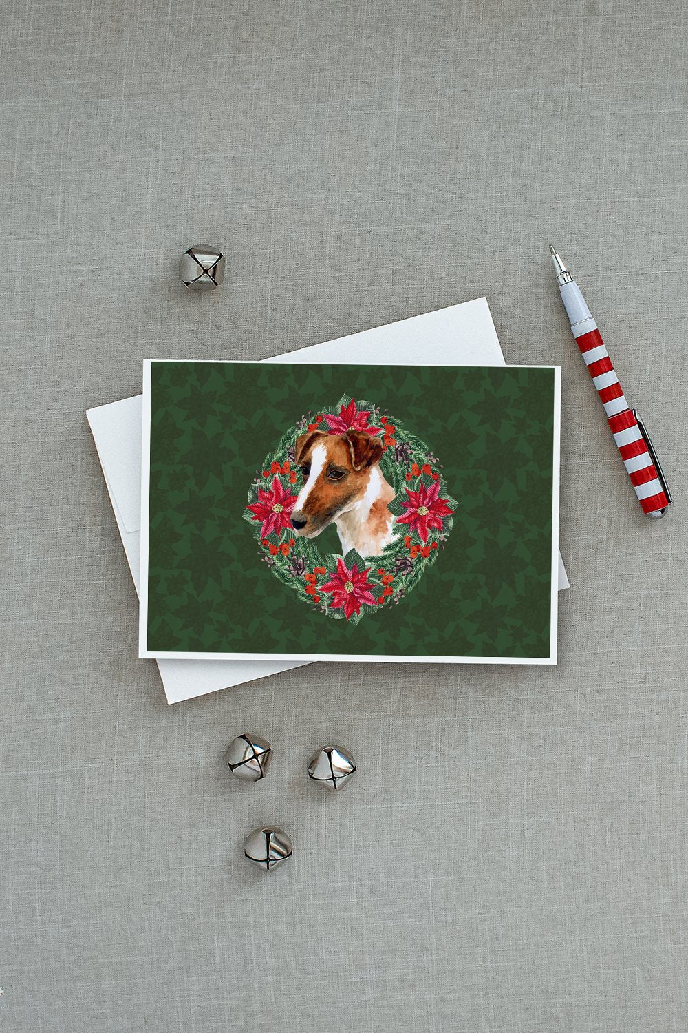 Smooth Fox Terrier Poinsetta Wreath Greeting Cards Pack of 8 Blank Cards with Envelopes Whimsical A7 Size 5x7