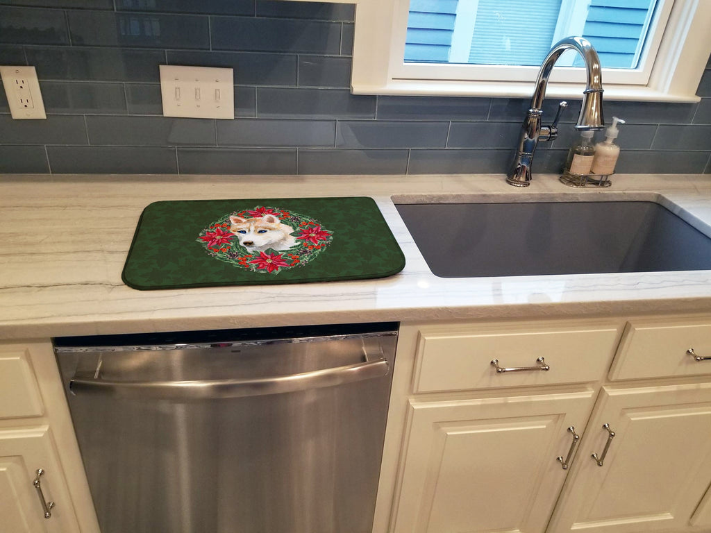 Siberian Husky Poinsetta Wreath Dish Drying Mat Absorbent Dish Drying Mat Pad for Kitchen Counter Dish Drainer Mat for Countertop, 14 x 21", Multicolor
