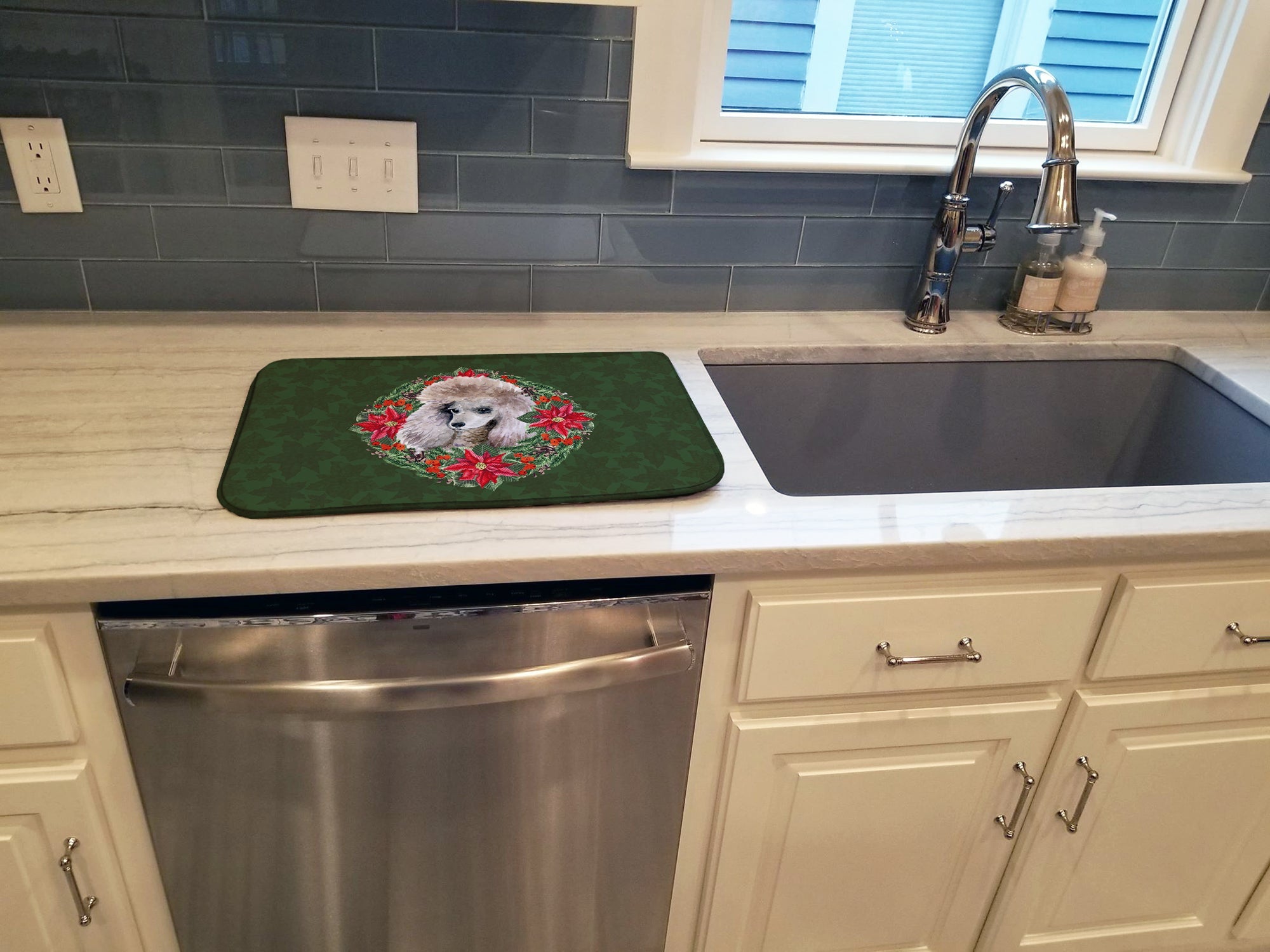 Poodle Poinsetta Wreath Dish Drying Mat Absorbent Dish Drying Mat Pad for Kitchen Counter Dish Drainer Mat for Countertop, 14 x 21", Multicolor