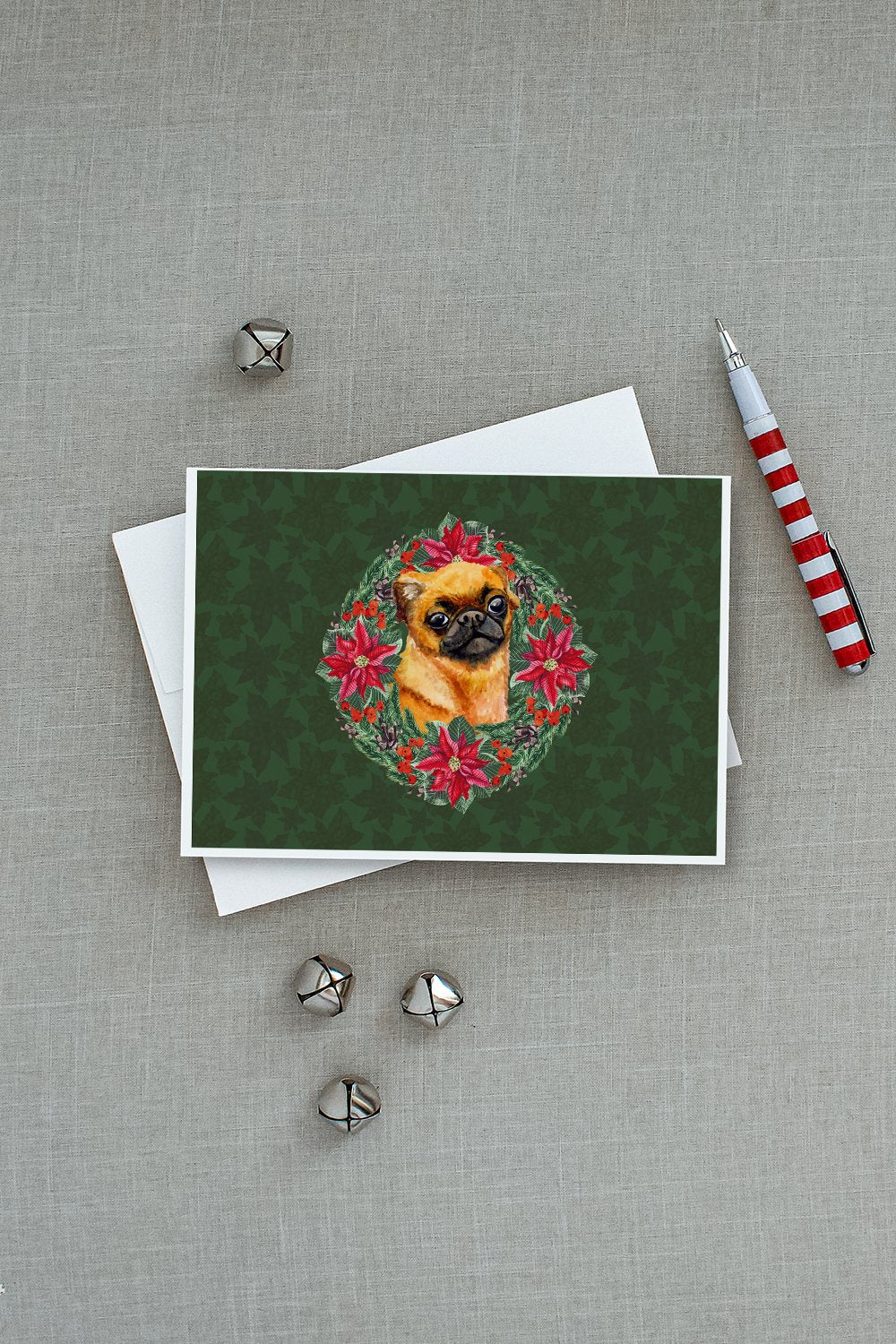 Small Brabant Griffon Poinsetta Wreath Greeting Cards Pack of 8 Blank Cards with Envelopes Whimsical A7 Size 5x7