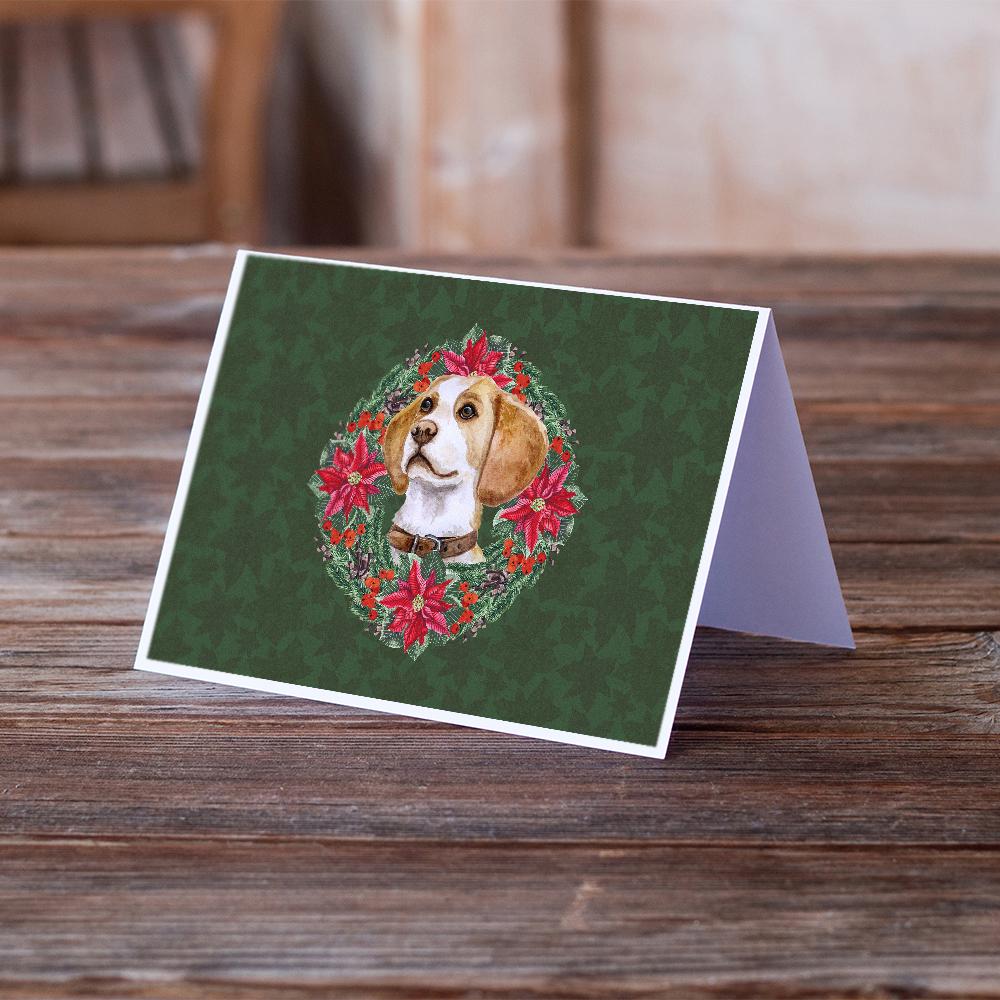 Beagle Poinsetta Wreath Greeting Cards Pack of 8 Blank Cards with Envelopes Whimsical A7 Size 5x7