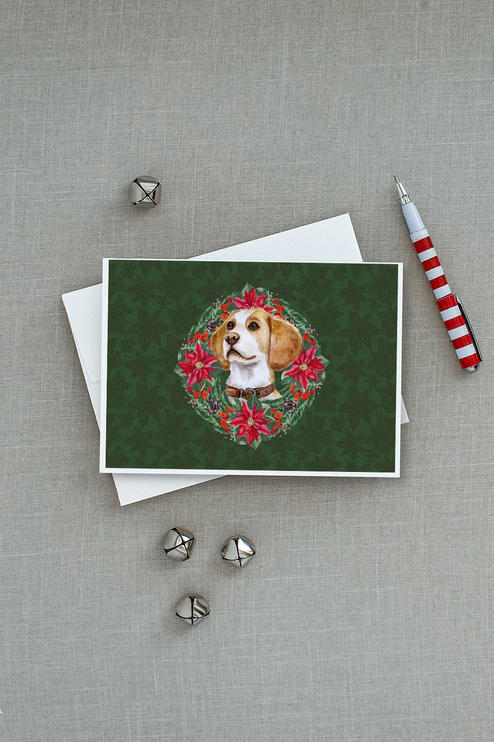 Beagle Poinsetta Wreath Greeting Cards Pack of 8 Blank Cards with Envelopes Whimsical A7 Size 5x7