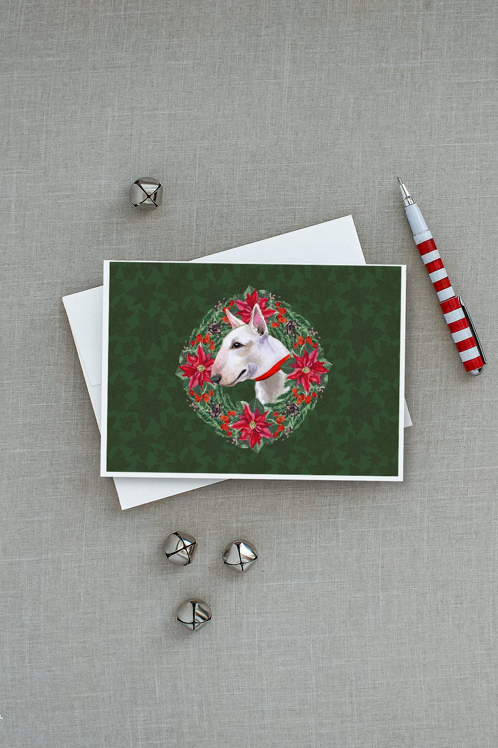 Bull Terrier Poinsetta Wreath Greeting Cards Pack of 8 Blank Cards with Envelopes Whimsical A7 Size 5x7