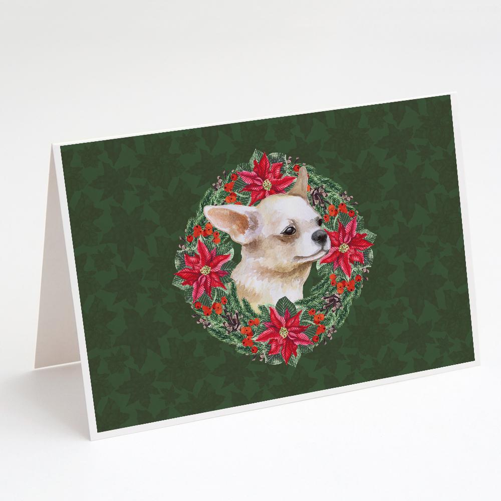 Chihuahua Leg up Poinsetta Wreath Greeting Cards Pack of 8 Blank Cards with Envelopes Whimsical A7 Size 5x7