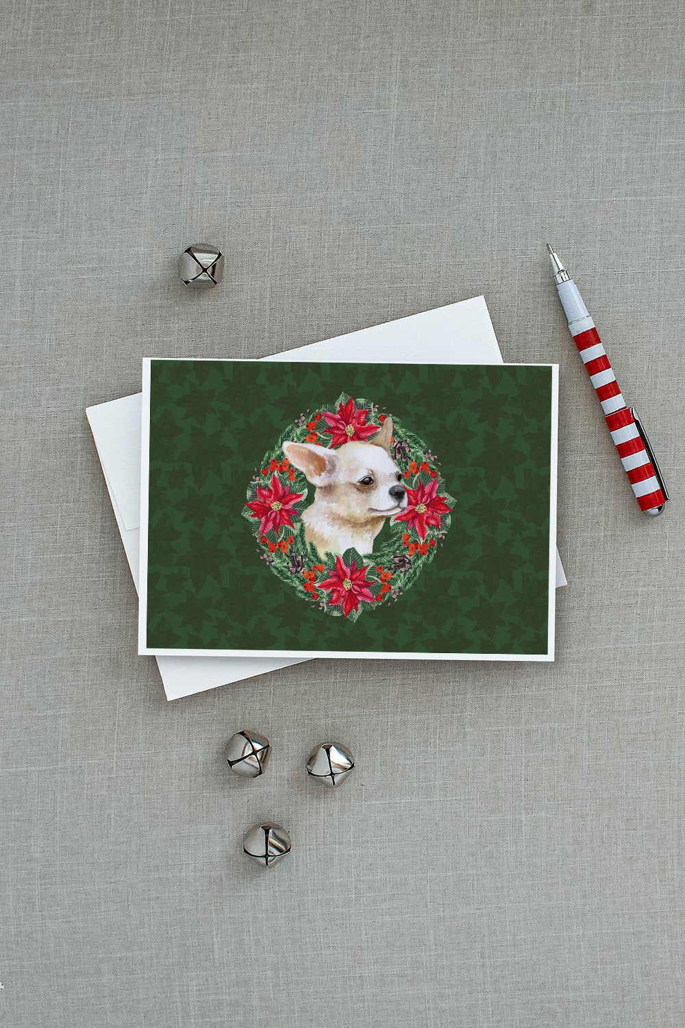 Chihuahua Leg up Poinsetta Wreath Greeting Cards Pack of 8 Blank Cards with Envelopes Whimsical A7 Size 5x7