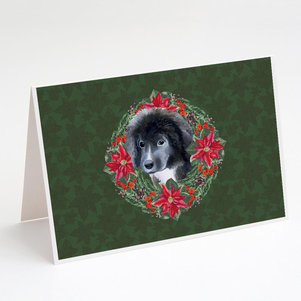 Newfoundland Puppy Poinsetta Wreath Greeting Cards Pack of 8 Blank Cards with Envelopes Whimsical A7 Size 5x7