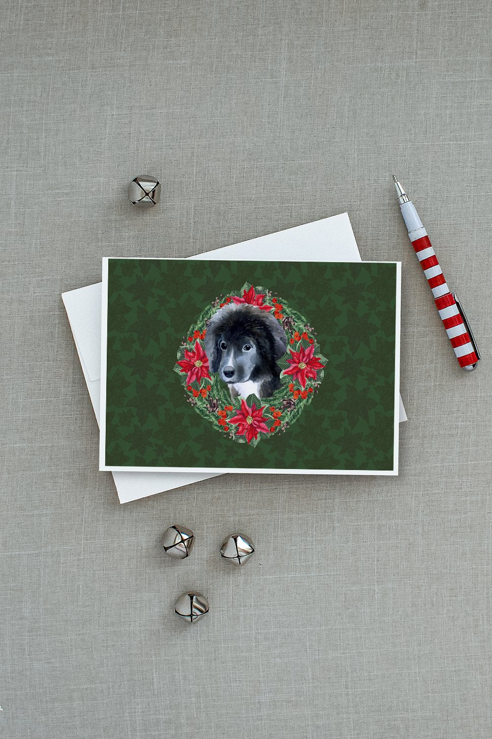 Newfoundland Puppy Poinsetta Wreath Greeting Cards Pack of 8 Blank Cards with Envelopes Whimsical A7 Size 5x7