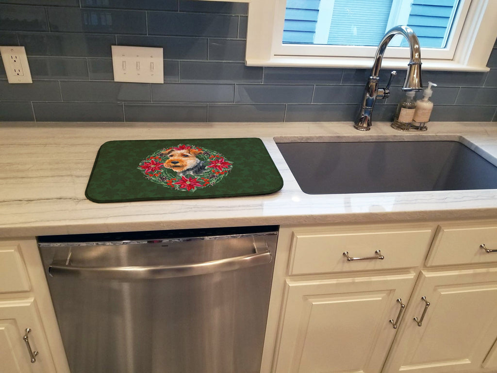 Welsh Terrier Poinsetta Wreath Dish Drying Mat Absorbent Dish Drying Mat Pad for Kitchen Counter Dish Drainer Mat for Countertop, 14 x 21", Multicolor