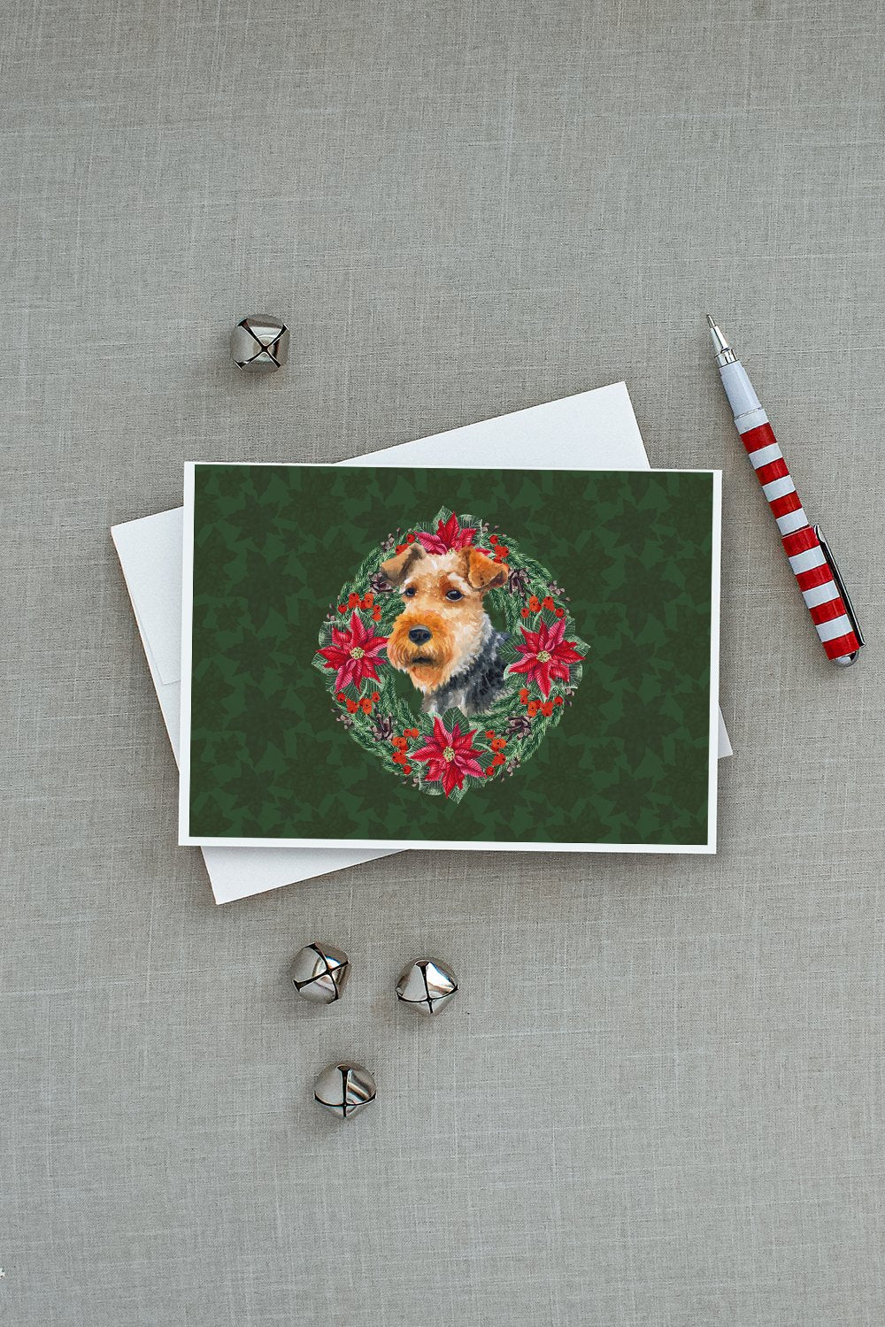 Welsh Terrier Poinsetta Wreath Greeting Cards Pack of 8 Blank Cards with Envelopes Whimsical A7 Size 5x7