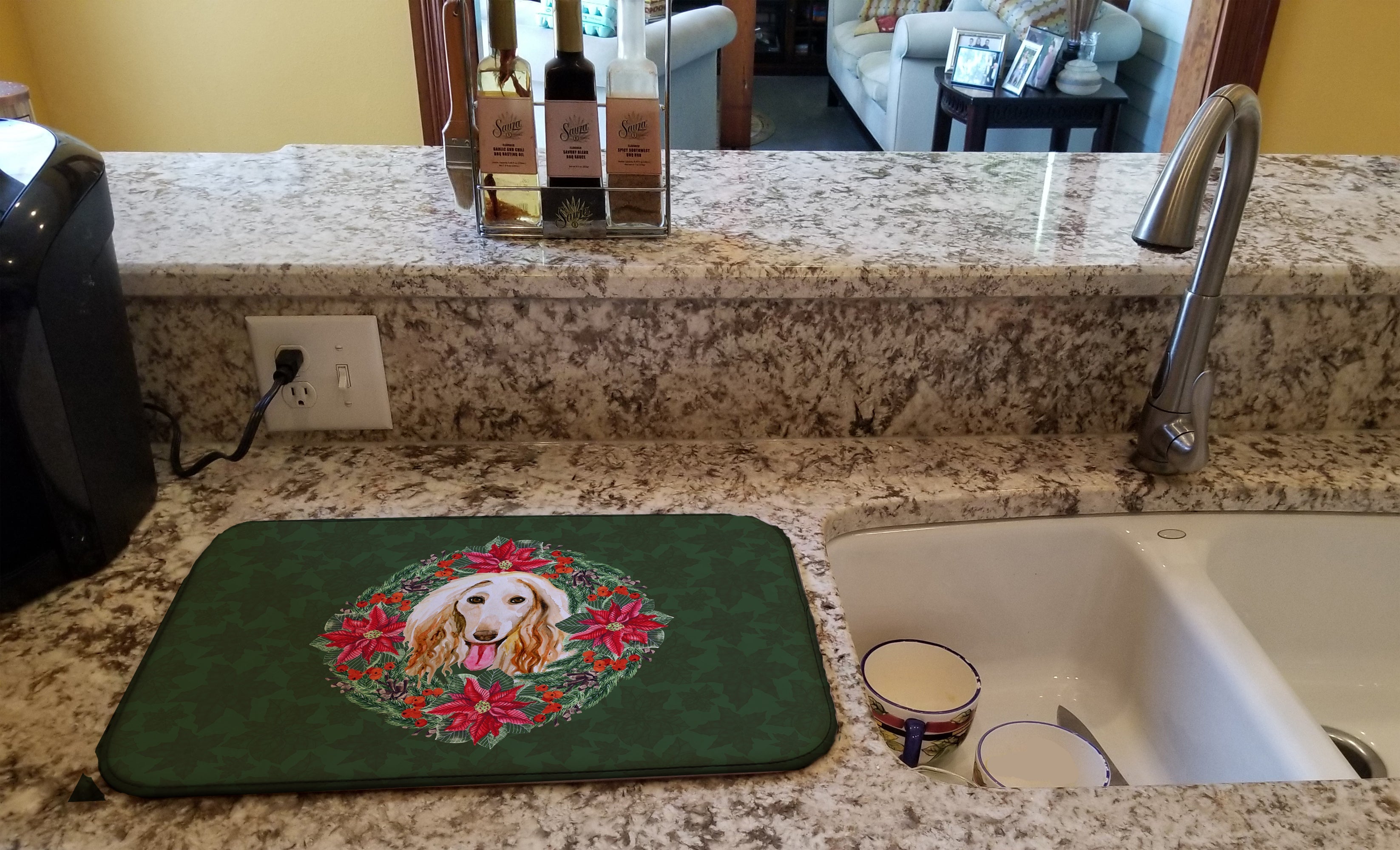 Afghan Hound Poinsetta Wreath Dish Drying Mat Absorbent Dish Drying Mat Pad for Kitchen Counter Dish Drainer Mat for Countertop, 14 x 21", Multicolor