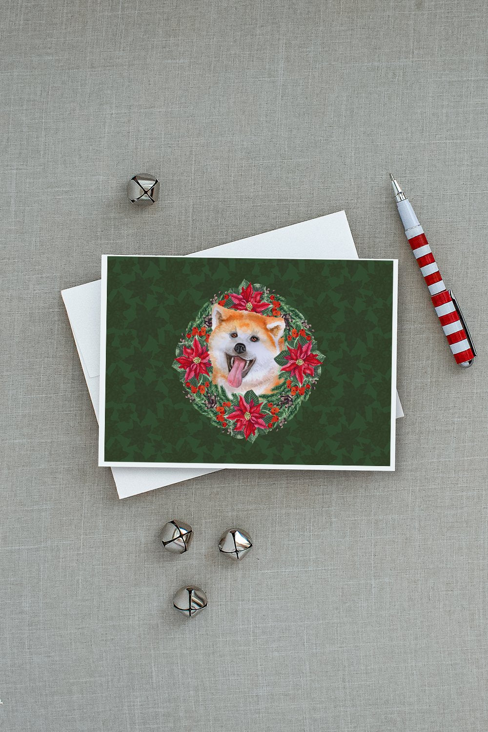 Akita Poinsetta Wreath Greeting Cards Pack of 8 Blank Cards with Envelopes Whimsical A7 Size 5x7
