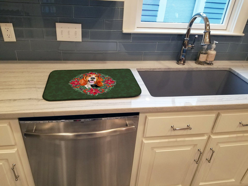 Basset Hound Poinsetta Wreath Dish Drying Mat Absorbent Dish Drying Mat Pad for Kitchen Counter Dish Drainer Mat for Countertop, 14 x 21", Multicolor