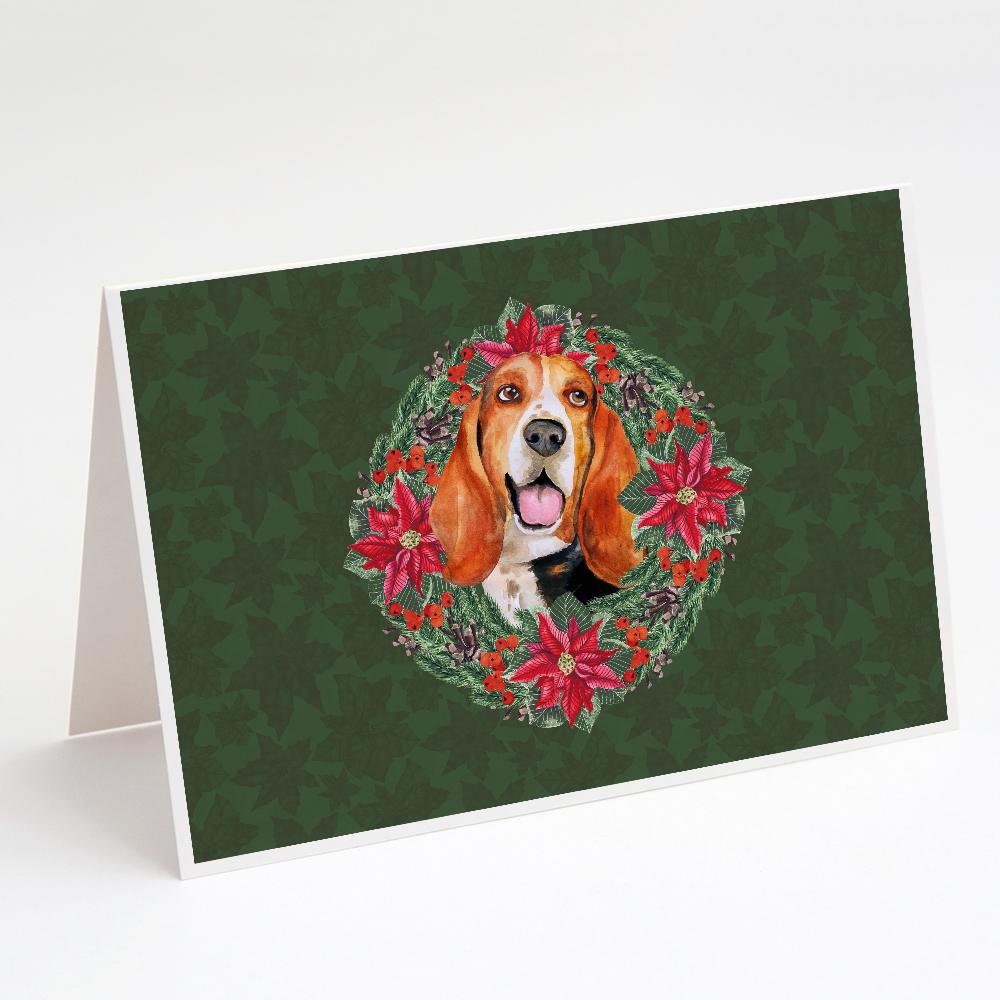 Basset Hound Poinsetta Wreath Greeting Cards Pack of 8 Blank Cards with Envelopes Whimsical A7 Size 5x7