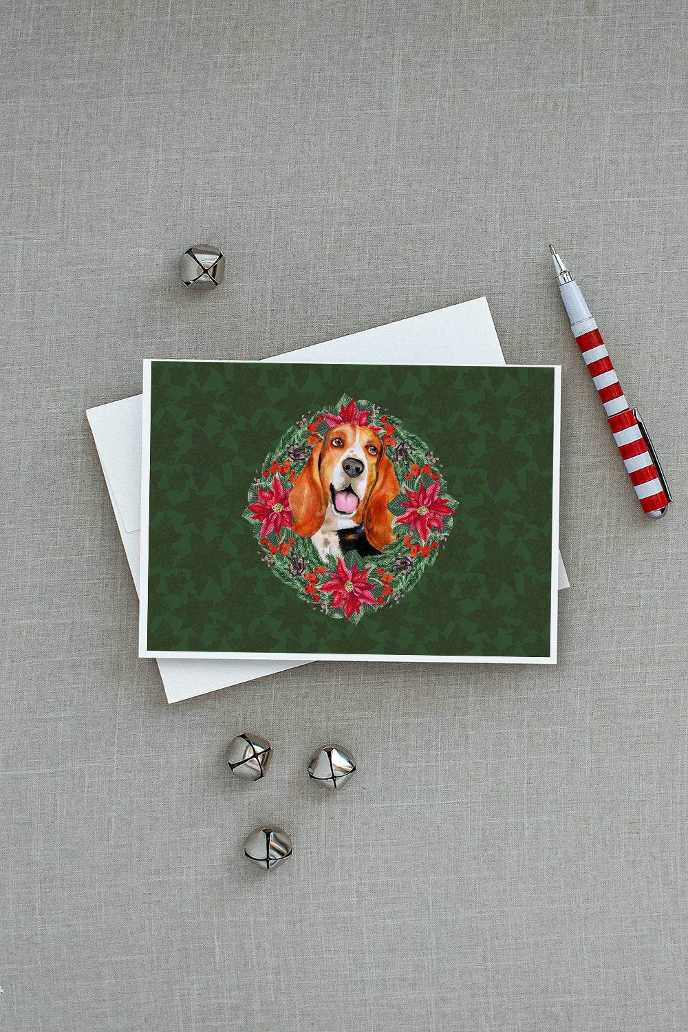 Basset Hound Poinsetta Wreath Greeting Cards Pack of 8 Blank Cards with Envelopes Whimsical A7 Size 5x7
